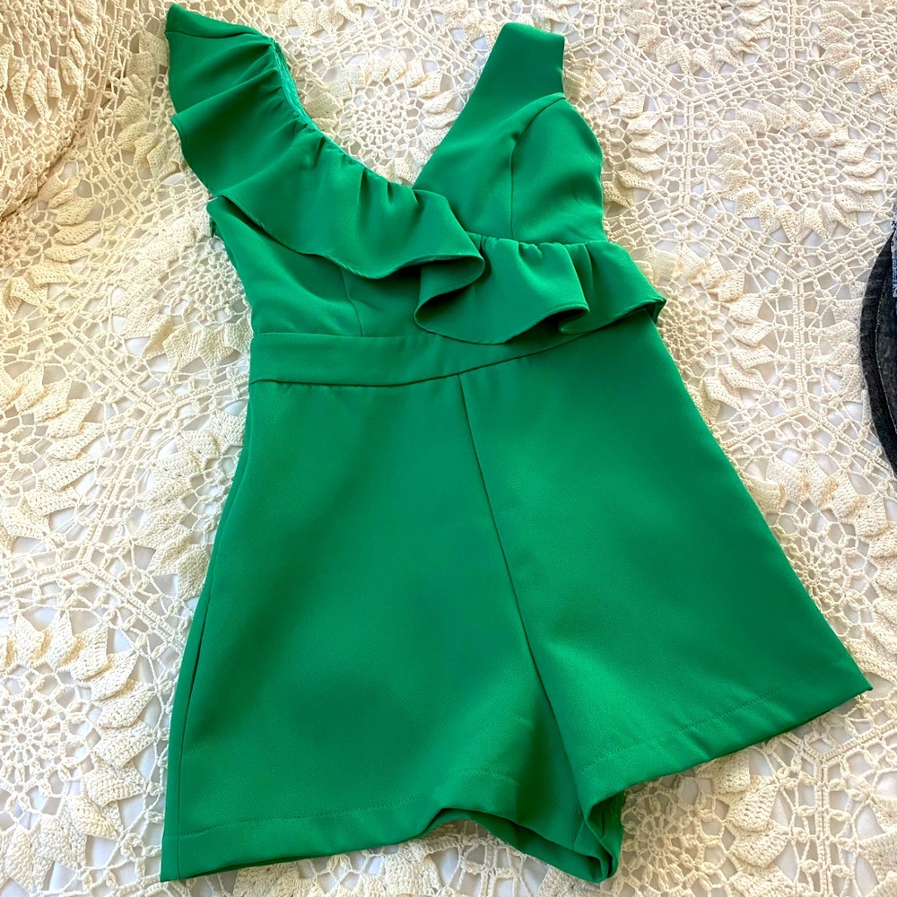 Kelly green ruffle romper